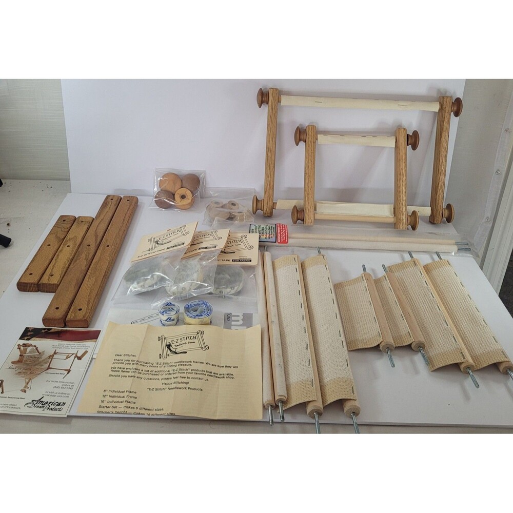 Vintage E-Z Stitch Adjustable Needlework Scroll Oak Frame Set w/ Extras